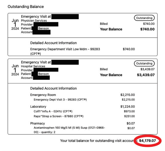 An emergency department bill dropping from $4,179 to $685 after a cash-pay discount